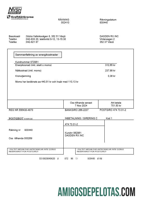 realista Modelo de conta de serviços públicos NVSH Energi da Suécia em formatos Word e PDF